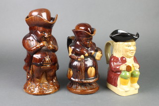 A Wood & Sons character Toby jug 6", a brown glazed ditto of a lady 7" and a similar of a gentleman taking snuff 9" 