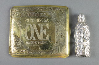 A novelty silver plated cigarette case in the form of a dollar bill, a mounted scent