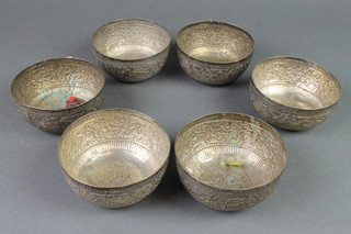 6 Persian silver bowls with floral decoration, 316 grams