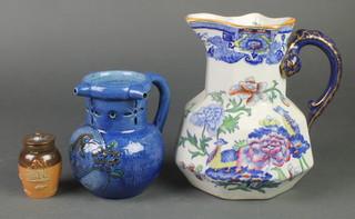 A Brannam Barram blue glazed puzzle jug 6", an ironstone ditto and a Doulton pepper