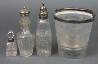 A silver plated mounted frosted glass ice bucket, 3 silver mounted bottles