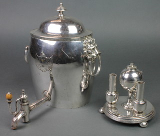 A 19th Century oval silver plated 2 handled samovar with lion ring handles 9", an Edwardian plated epergne base