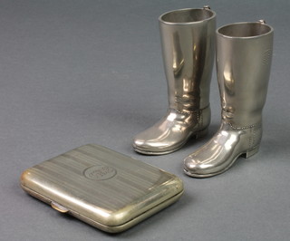 A silver plated cigarette case and a pair of plated boot tooth pick holders 