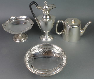 A silver plated Adam style hotwater jug and minor plated items