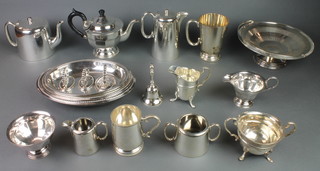 A silver plated 3 pieced panelled tea set, a quantity of plated items 
