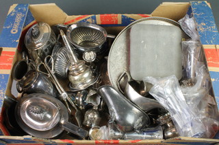 A silver plated 3 piece demi-fluted tea set, a Georgian plated wine funnel and a quantity of plated items 