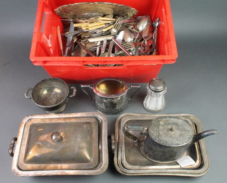 A silver plated breakfast server, a quantity of plated items