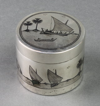 An Egyptian silver niello circular box decorated with Nile view, 50 grams