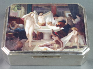 An octagonal silver cigarette box, now with an enamelled lid depicting ladies at their toilet 4 1/2" 