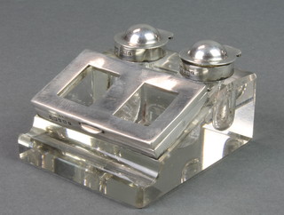 A silver mounted glass double inkwell stamp dispenser 3" 