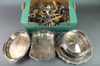 A silver plated basket and minor plated cutlery etc
