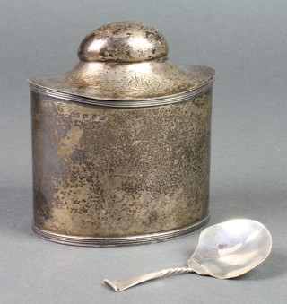 An unusual oval Victorian silver tea caddy the interior with original fitted spoon, Birmingham 1891, 178 grams, 4" 