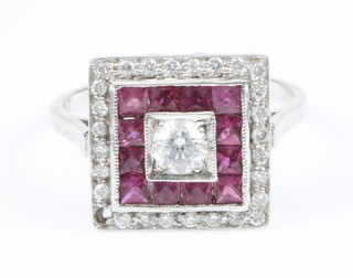 An 18ct white gold ruby and diamond Art Deco style ring, size M 1/2