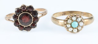 A 15ct yellow gold turquoise and seed pearl ring together with a 9ct gold garnet cluster ring, size P