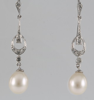 A pair of 18ct white gold Edwardian style diamond and cultured pearl earrings 