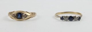 An 18ct yellow gold sapphire and diamond 5 stone ring, size P, a ditto size O 1/2