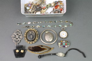 A Victorian swivel brooch, minor silver and other jewellery including a lady's silver fob watch 