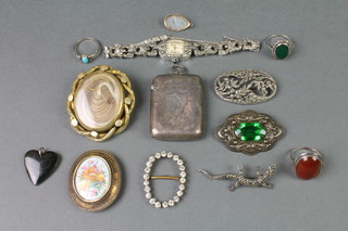 A gilt in memoriam brooch, minor jewellery and a silver vesta