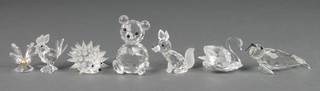 Seven Swarovski crystal animals - seated fox, seal, swan, bear, hedgehog, butterfly and cockerell 