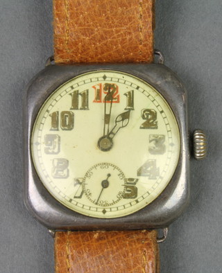 A gentleman's early 20th Century square cased silver wristwatch with seconds at 6 o'clock and red 12