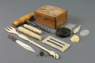 A carved bone needle case, a quantity of curios