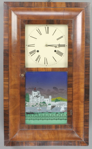 Brewster & Co, an American 30 hour striking wall clock with 8 1/2" painted dial having Roman  numerals, contained in a walnut case enclosed by a glass panelled door, decorated a scene of Bransea Castle, Dorsetshire