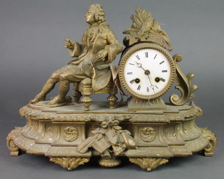 A French 8 day striking mantel clock contained in a gilt spelter case in the form of a seated scholar with enamelled dial and Roman numerals 