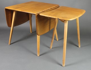 An Ercol light elm drop flap dining table 28"h x 49" x 24" when closed by 54 1/2" when extended, together with a 3 legged D shaped extension 28"h x 18" x 27 1/2" 