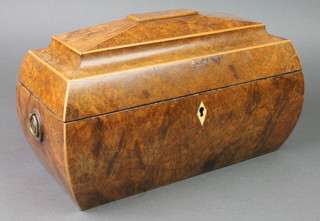 A Victorian figured walnut sarcophagus shaped tea caddy with hinged lid, satinwood stringing and diamond shaped ivory escutcheon 6 1/2"h x 12 1/2w x 6 1/2"d