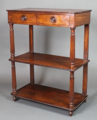 A 19th Century rectangular mahogany 2 tier what-not, the upper section fitted 2 short drawers with turned and reeded columns to the sides, raised on bun feet 36"h x 28"w x 14"d 
