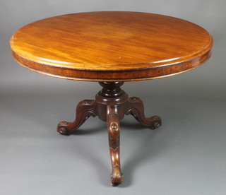 A Victorian circular mahogany snap top breakfast table, raised on a bulbous turned and carved tripod base 29"h x 40 1/2" diam. 