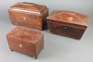 A Victorian figured walnut sarcophagus shaped twin compartment tea caddy with hinged lid, ivory escutcheon and satinwood stringing 6"h x 12"w x 6"d, a mahogany sarcophagus twin compartment tea caddy with satinwood stringing on bun feet 6 1/2"h x 11"w x 6"d and a rectangular 19th Century tea caddy with ivory escutcheon, raised on bun feet 4 1/2"h x 7 1/2" x 4 1/2"d