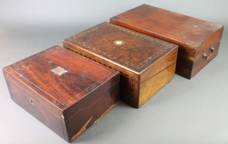 A Victorian figured walnut writing slope with hinged lid and inlaid decoration and mother of pearl panel to the top 14"h x 9"w (escutcheon missing), a Victorian rectangular mahogany writing slope with brass bandings and drop handles 5"h x 16" x 10" (there is a 5" split) and a Victorian mahogany trinket box with hinged lid 5"h x 12"w x 8 1/2"d (brass plaque missing to the lid, metal stringings are missing and sections of veneer to the side)