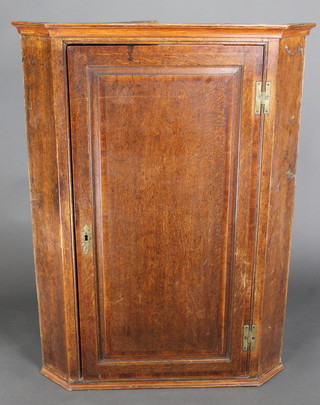 An 18th/19th Century oak hanging corner cabinet with moulded cornice, the shelved interior enclosed by panelled doors with brass H framed hinges 39"h x 29"w x 17"d 
