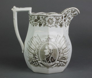 A 19th Century English transfer print commemorative jug with oval portrait panels of Wellington surrounded by battle honours, 7"