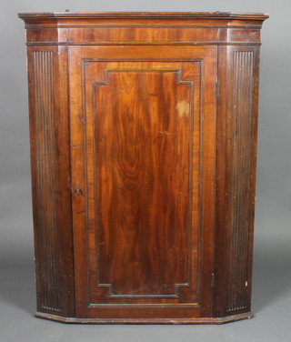 A Georgian mahogany hanging corner cabinet with moulded cornice, the interior fitted shelves enclosed by panelled doors and having fluted columns to the sides 45"h x 35"w x 16"d
