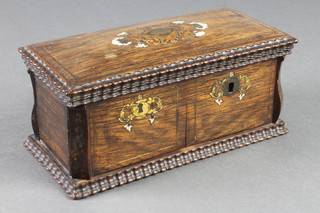 A Victorian rosewood trinket box with hinged lid, the front fitted 2 compartments enclosed by panelled doors, inlaid brass stringing 3 1/2"h x 8"w x 4"d