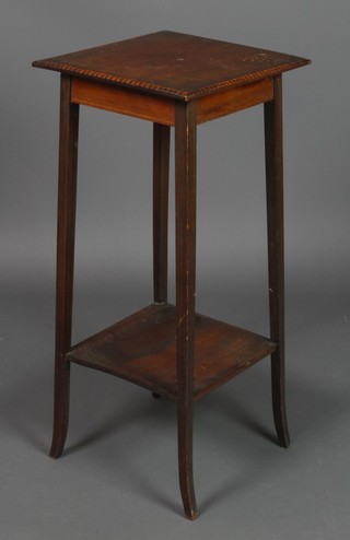 A square Edwardian inlaid mahogany 2 tier occasional table, raised on out swept supports, the top inlaid 31 1/2"h x 13 1/2" 