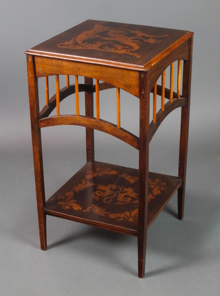 An Edwardian mahogany 2 tier occasional table, inlaid dragons, the base on square tapering supports 27 1/2"h x 15"w x 15 1/2"d 