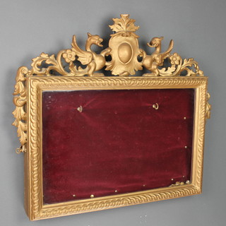 A rectangular 19th Century gilt painted hanging display cabinet with plush interior, the top surmounted by griffins 24"h x 24"w x 3 1/2"d 