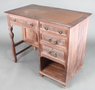 Garnett & Sons Warrington, a Victorian oak kneehole pedestal desk with inset writing surface and inkwell to the back, fitted 1 long drawer flanked by 2 short drawers above a recess, fitted a cupboard to the side and raised on ogee bracket feet, the top drawer stamped Garnett & Sons 9803, 30"h x 36"w x 21"d 