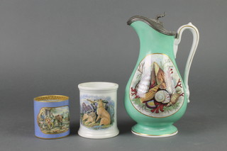 A Victorian Prattware jug decorated with seashells and a pewter lid 10", a ditto cup and pot 