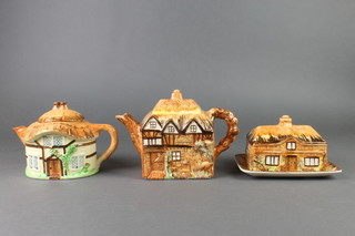A Cottage Ware butter dish and cover and 2 ditto teapots