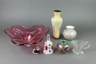 A cut glass jug 4", a free form bowl, 2 paperweights, 2 vases and a Bohemian bell 