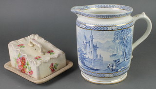 An Edwardian Maling blue and white jug with landscape views 10" and a cheese dish and cover