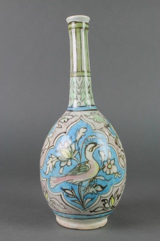 An Isnic baluster bottle vase with elongated neck having panels of birds amongst flowers 14" 