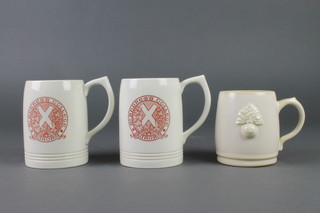 A pair of Wedgwood cream glazed mugs St Andrews College, a Twelfth Battalion Royal Fusiliers mug dated 1937  
