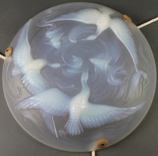 A Verlys Art Deco iridescent glass bowl decorated with heron amongst carp, signed 13 1/2" 