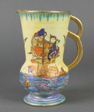 An Art Deco Crown Devon Fieldings jug decorated with galleons and having a double gilt handle 7 1/2" 
