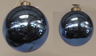2 blue silvered glass witches balls 5" and 6" 